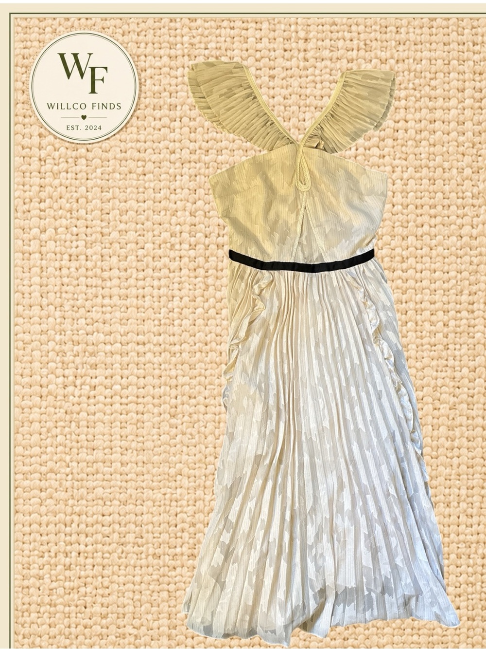 Fanco Ivory Pleated Maxi Dress Small Flutter Sleeve Open Back Formal